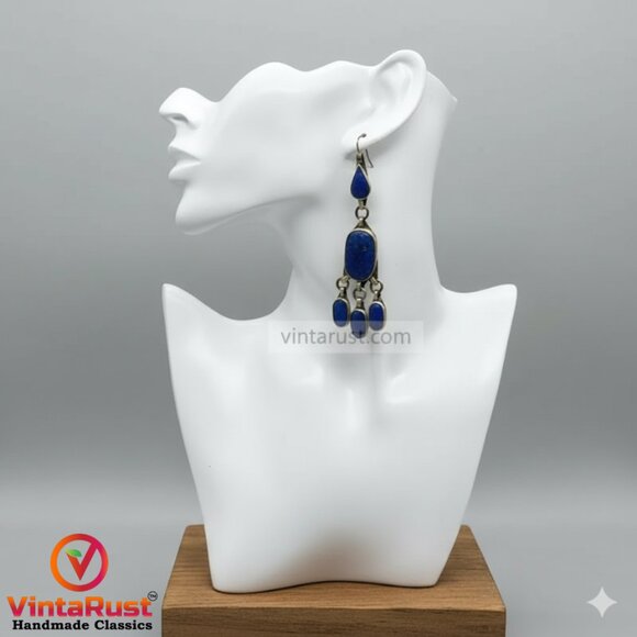 Handmade Lapis Lazuli Dangle Earrings, Boho Chic Lapis Lazuli Earrings - Picture 3 of 3